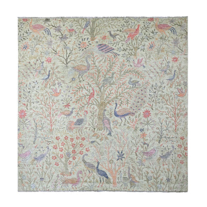 8'X8' Swamp Green Hand Knotted Peshawar Birds Design Soft Wool Square Rug