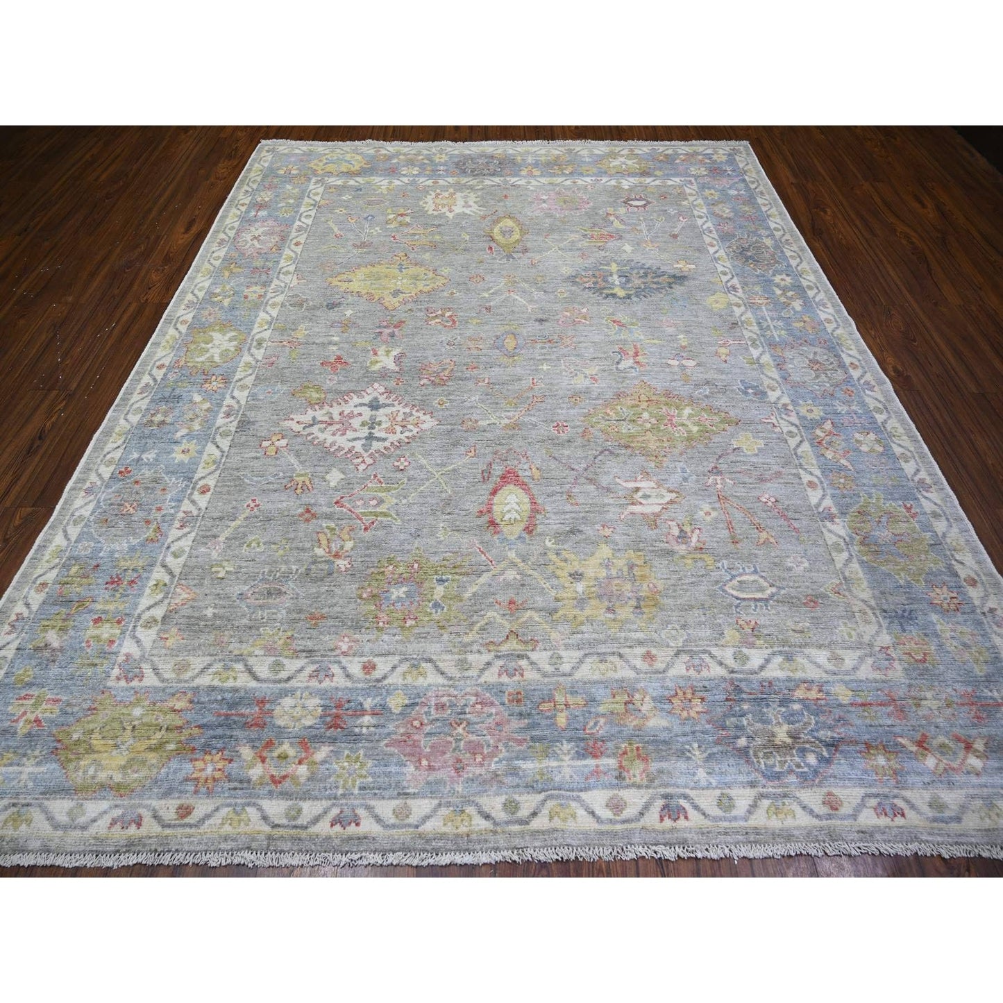 8'1"X9'10" Cloud Gray Afghan Angora Oushak Soft Wool Hand Knotted Rug