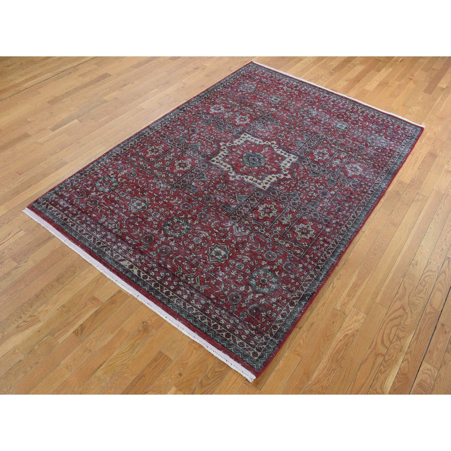 6'1"X9' Vermilion Red, Vintage Look Mamluk, Worn Wool Hand Knotted Rug