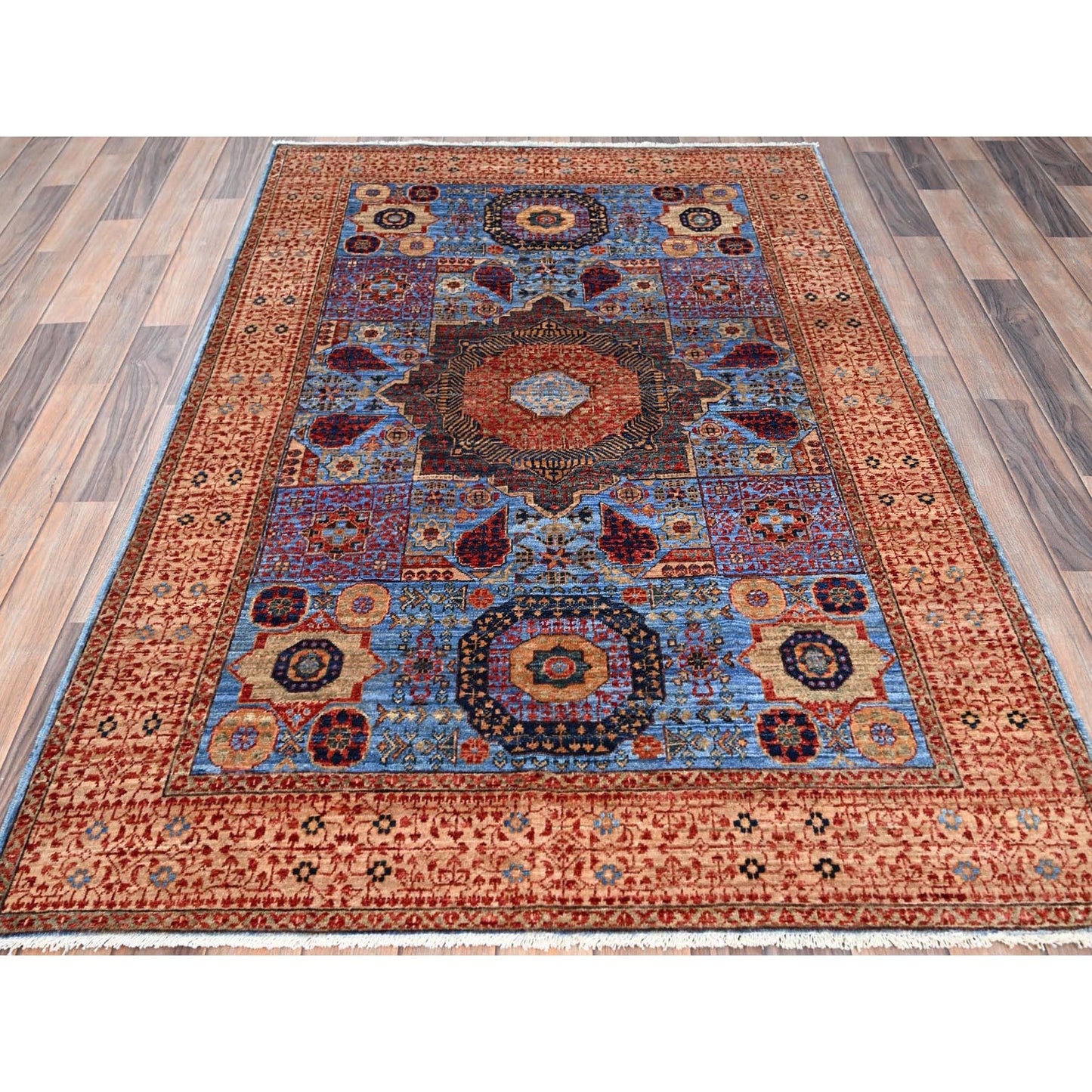 4'X6'5" Azure Blue Hand Knotted Wool Medallions Design Mamluk Dynasty Rug