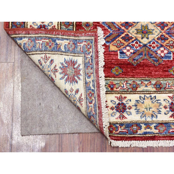3'X11' Red Hand Knotted Wool Super Kazak Geometric Medallion Runner Rug