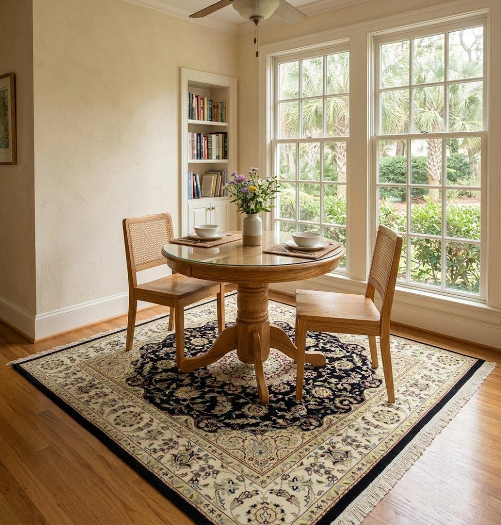 Handmade Navy Floral Classic Indo-Nain Square Rug Oriental Carpet 6x6ft