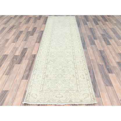 2'9"X9'7" Ivory Hand Knotted Afghan Stone Washed Peshawar Wool Runner Rug