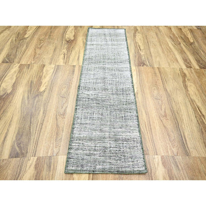 2'3"X8' White & Green Hand Knotted Oxidized Grass Design Wool Runner Rug