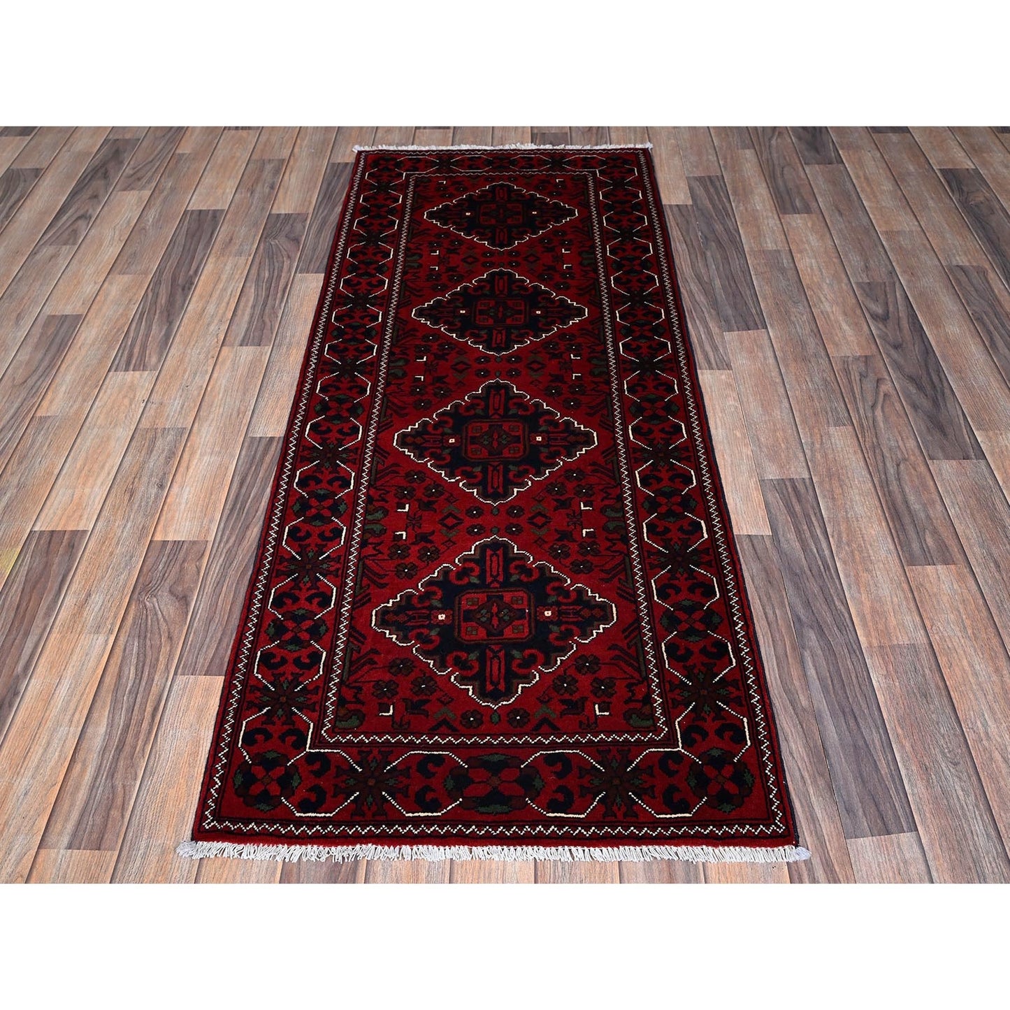 2'4"X5'8" Red Afghan Khamyab Geometric Pattern Wool Hand Knotted Runner Rug