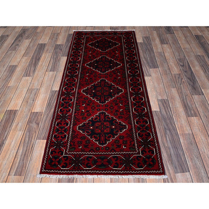 2'4"X5'8" Red Afghan Khamyab Geometric Pattern Wool Hand Knotted Runner Rug