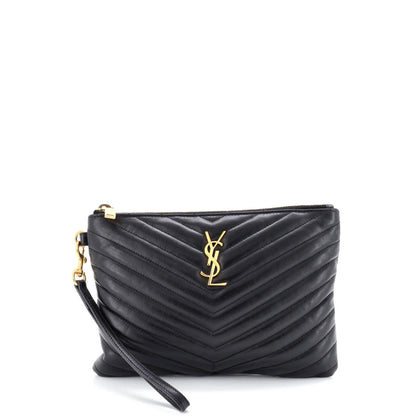 Saint Laurent Classic Monogram Wristlet Pouch Matelasse Chevron Leather Small