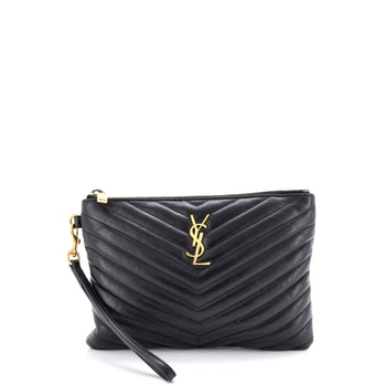 Saint Laurent Classic Monogram Wristlet Pouch Matelasse Chevron Leather Small