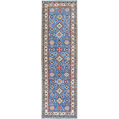 4'X13' Blue Kazak With Geometric Design Hand Knotted Soft Wool Runner Rug