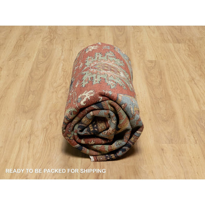 8'1"X8'1" Red Antiqued Fine Heris Recreation Wool Hand Knotted Square Rug