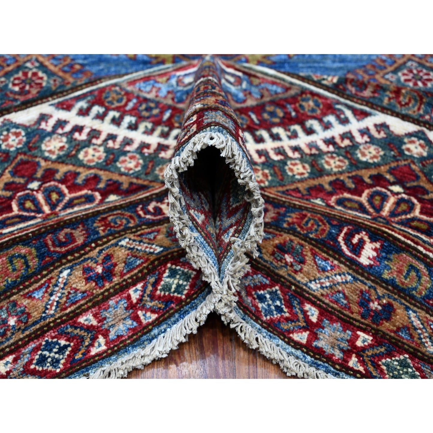 7'10"x10' Busty Blue Hand Knotted Wool Super Kazak Large Medallions Rug