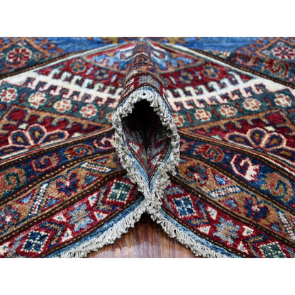 7'10"x10' Busty Blue Hand Knotted Wool Super Kazak Large Medallions Rug