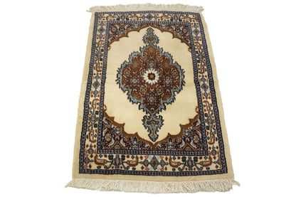 Hand-Knotted Vintage Oriental Rug Cream Floral