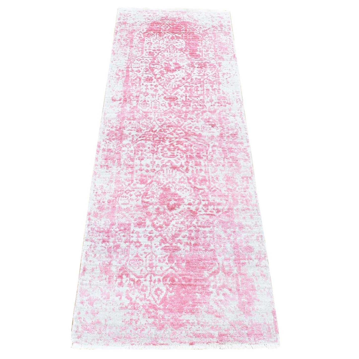 2'6"X7'9" Pink Broken Farsian Design Wool/Silk Hand Knotted Runner Rug