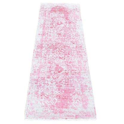 2'6"X7'9" Pink Broken Farsian Design Wool/Silk Hand Knotted Runner Rug