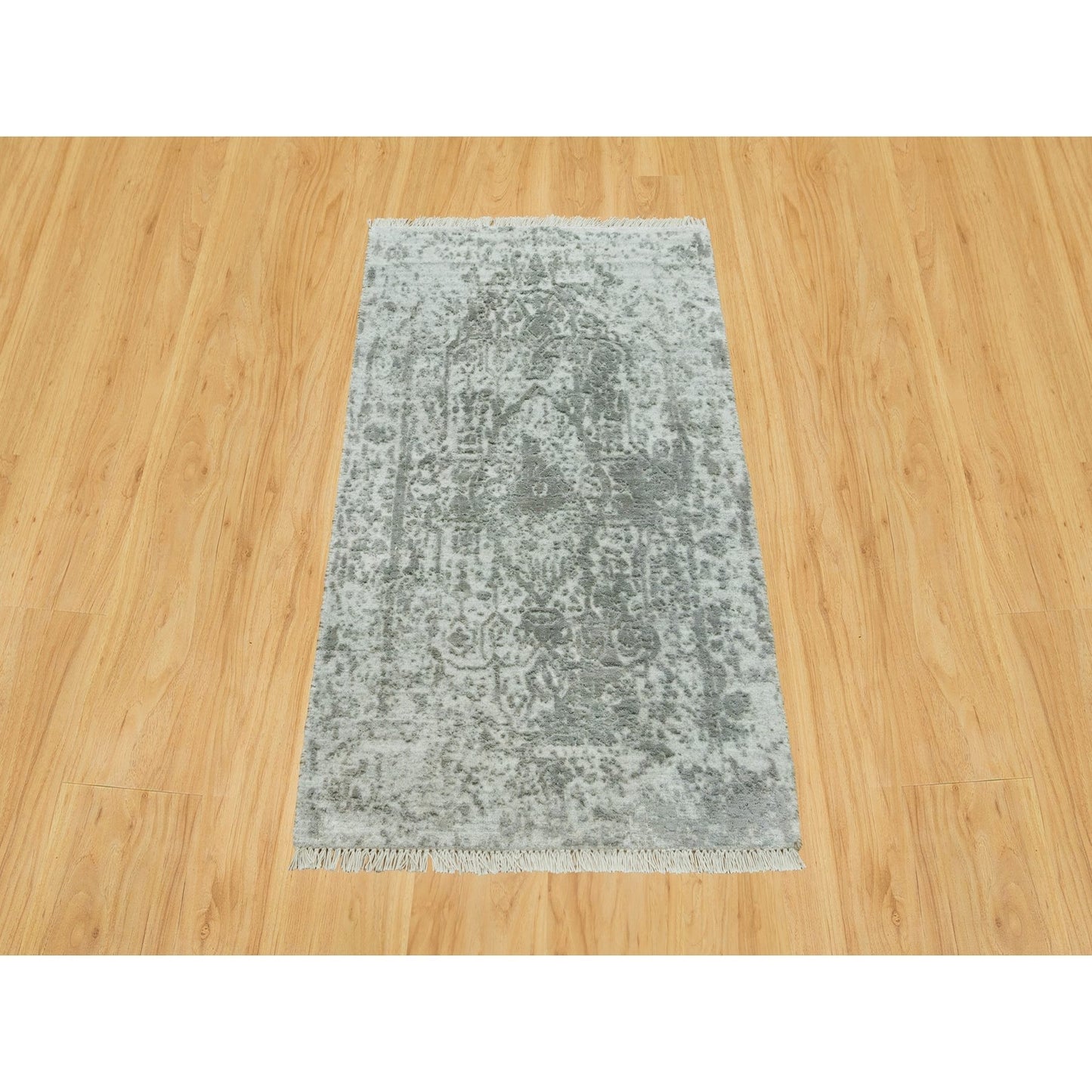 Rug 2'x3'2" Gray Broken Zoroastrian Hand Knotted Wool and Silk Oriental