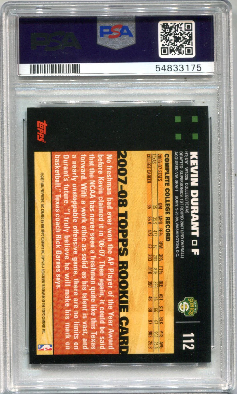 Kevin Durant 2007-08 Topps Black Border #112 Psa