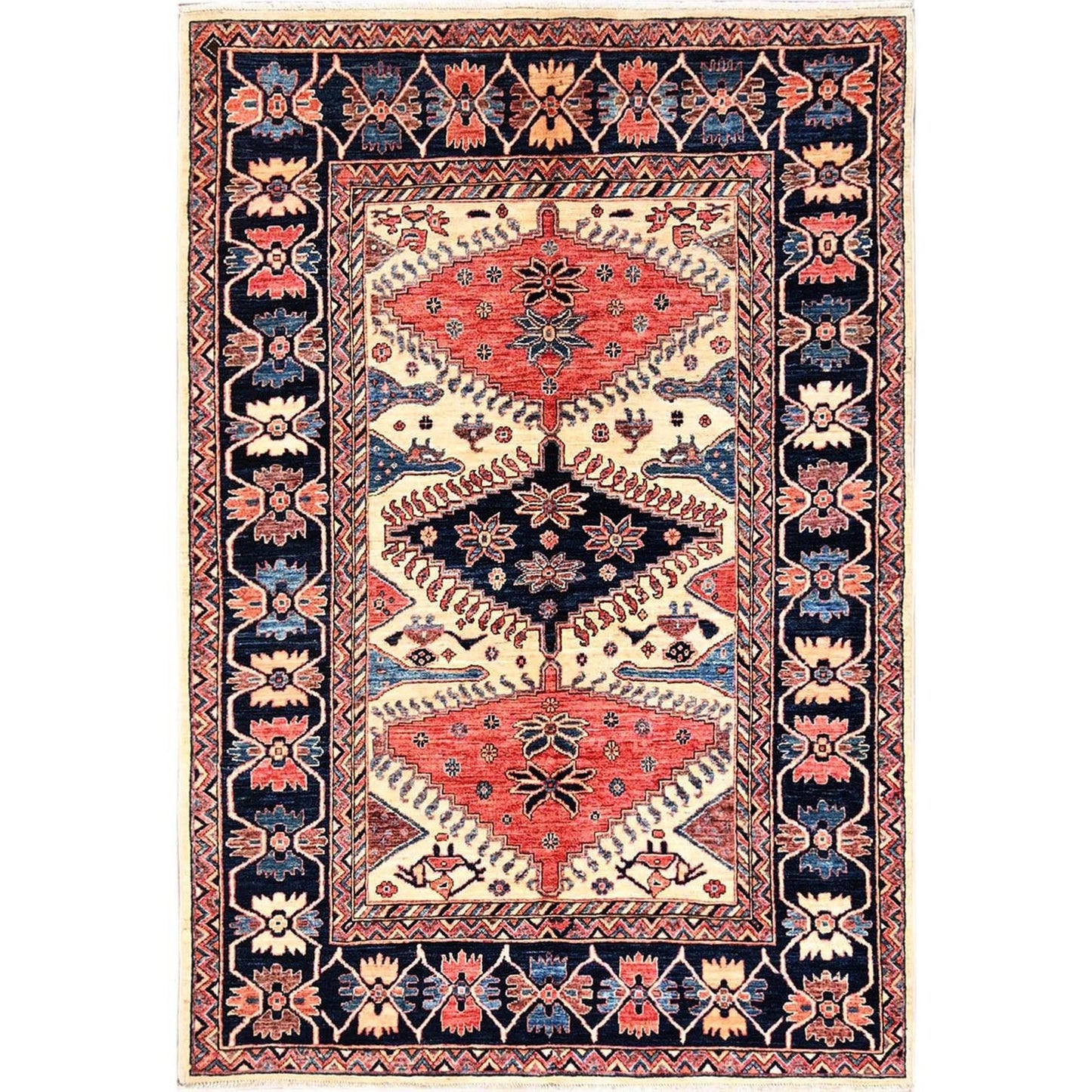 Knotted 4'10"x7'6" Ivory Pure Wool Rug Northwest Zoroastrian Design Hand