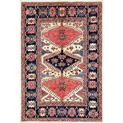 Knotted 4'10"x7'6" Ivory Pure Wool Rug Northwest Zoroastrian Design Hand