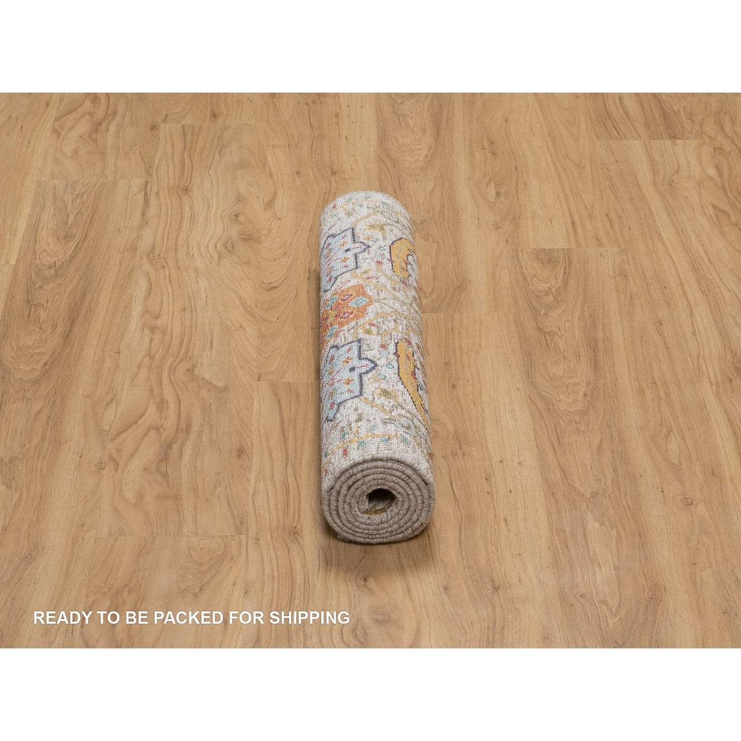 2'5"X6' Ivory Runner Rug Silk With Textured Wool Leaf Design Hand Knotted