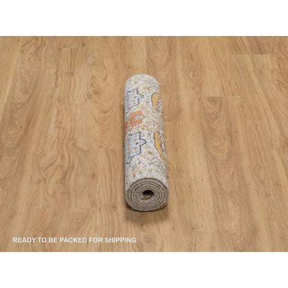 2'5"X6' Ivory Runner Rug Silk With Textured Wool Leaf Design Hand Knotted