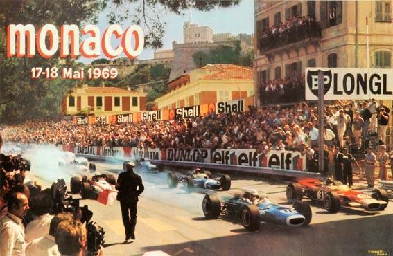 French Vintage Race Car Poster Excellent 1969 On Linen Monaco