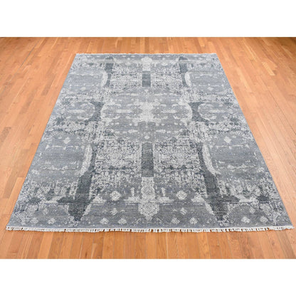 7'10"X10' Cloud Gray Wool And Pure Silk Jewellery Design Hand Knotted Rug