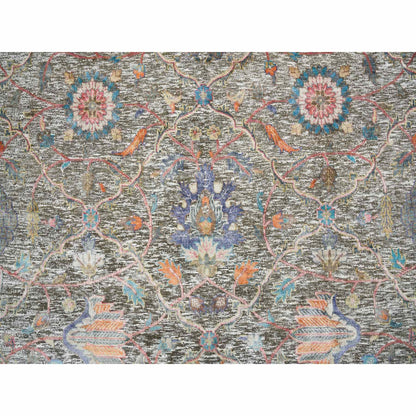 8'X10'1" Taupe Hand Knotted Striae Pattern Silk Textured Wool Rug