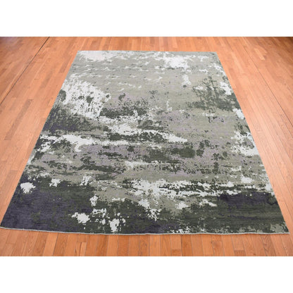 8'X9'10" Gray, Abstract Design, Hand Knotted, Wool And Silk, Oriental Rug
