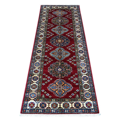 2'8"X7' Red Hand Knotted Super Kazak Geometric Wool Runner Oriental Rug