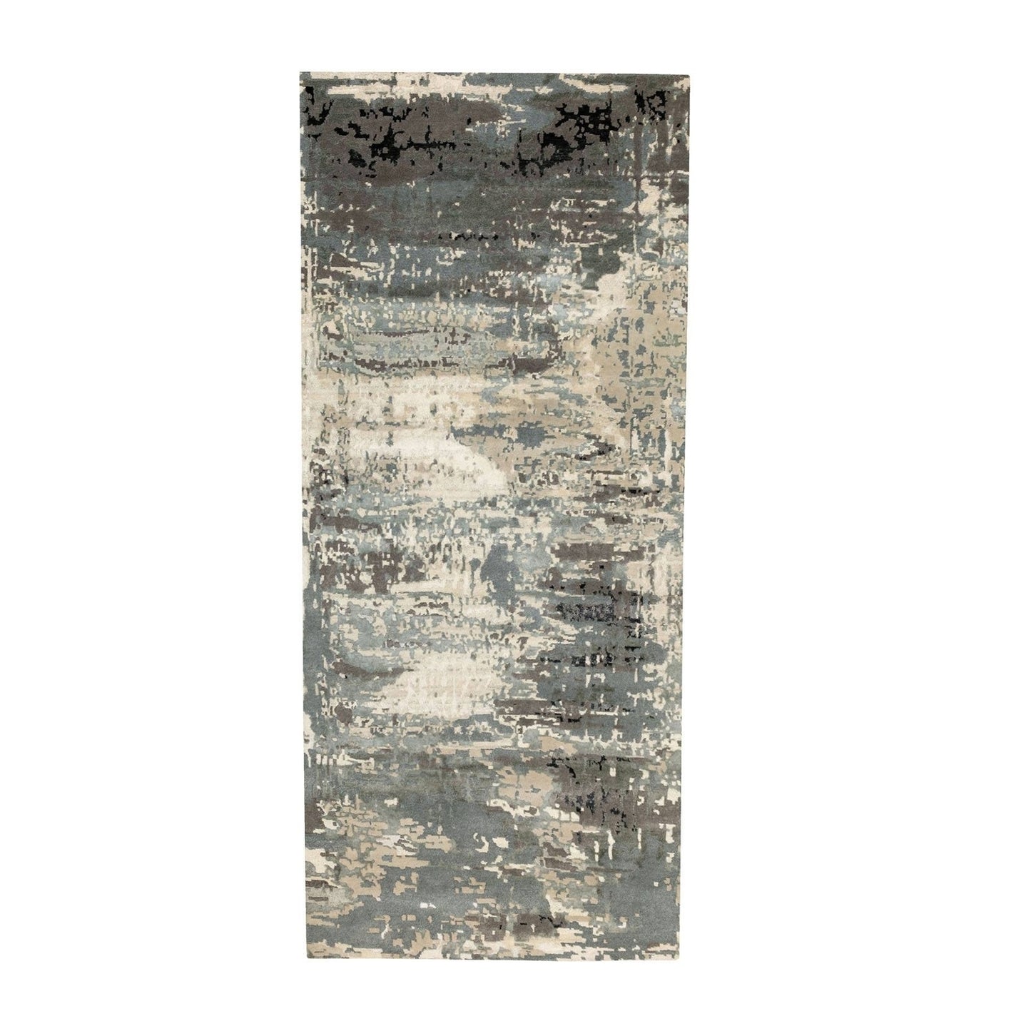4'1"X10' Gray Abstract Design Wool And Silk Hi-Low Pile Hand Knotted Rug