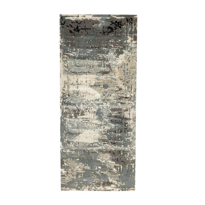 4'1"X10' Gray Abstract Design Wool And Silk Hi-Low Pile Hand Knotted Rug