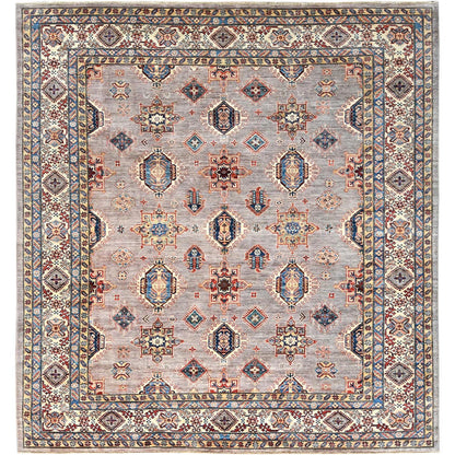 9'9"X9'9" Silver Pink Afghan Super Kazak Wool Hand Knotted Square Rug