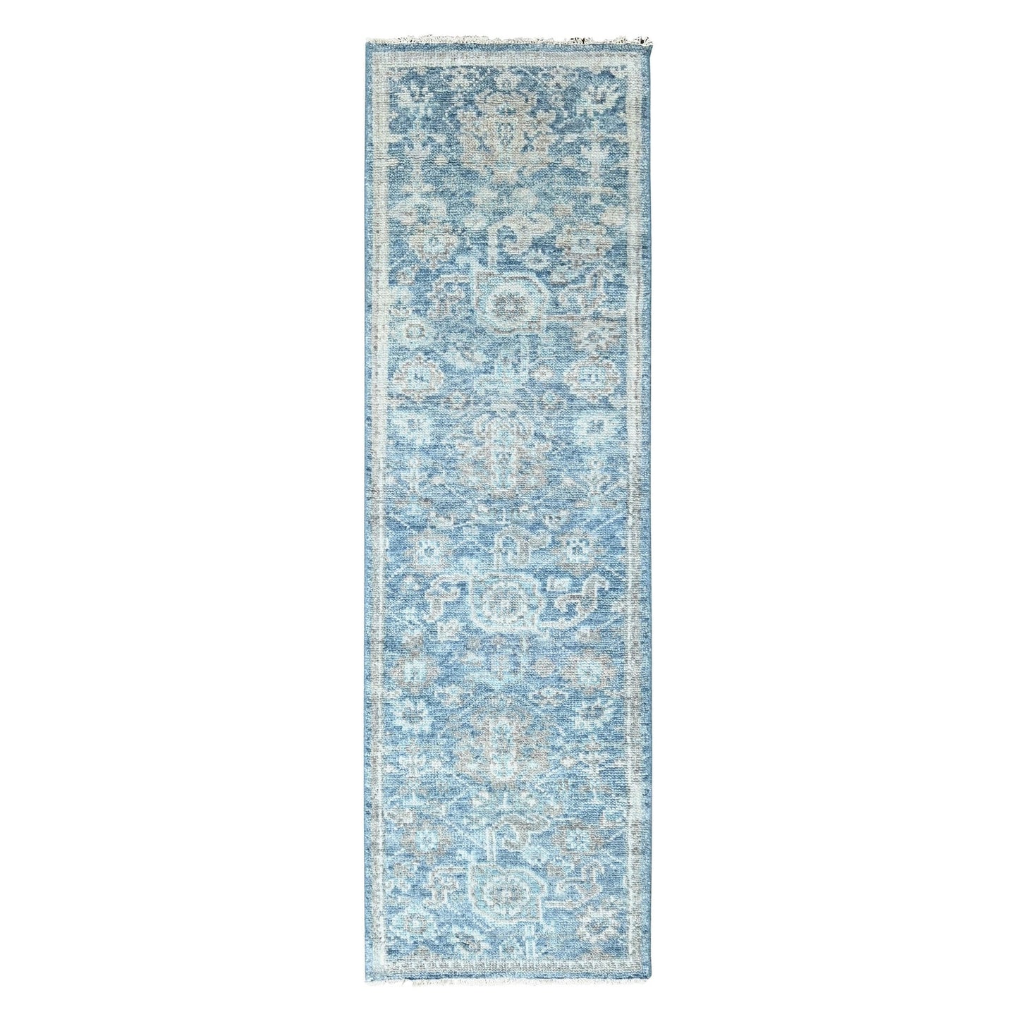 2'6"X8'5" Imperial Blue Oushak Design Hand Knotted Soft Wool Runner Rug