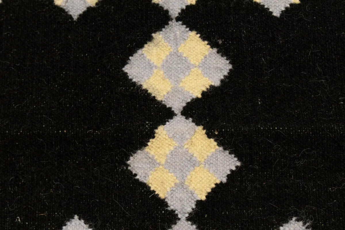 Black floral dhurrie wool rug flat weave reversible oriental carpet