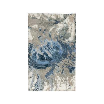 3'1"X5' Blue-Ivory Abstract Design Wool-Silk Hi-Low Pile Hand Knotted Rug