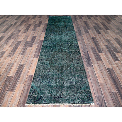2'6"X9'8" Overdyed Green Vintage Zoroastrian Hand Knotted Wool Runner Rug