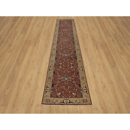 2'8"X14'1" Red Antiqued Heris Re-Creation Hand Knotted Wool Runner Rug