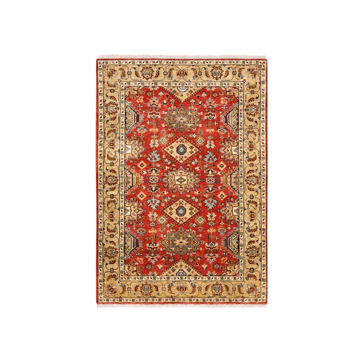 4'1"X6' Red With A Mix Of Gold Karajeh Design Wool Hand Knotted Rug