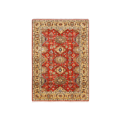 4'1"X6' Red With A Mix Of Gold Karajeh Design Wool Hand Knotted Rug