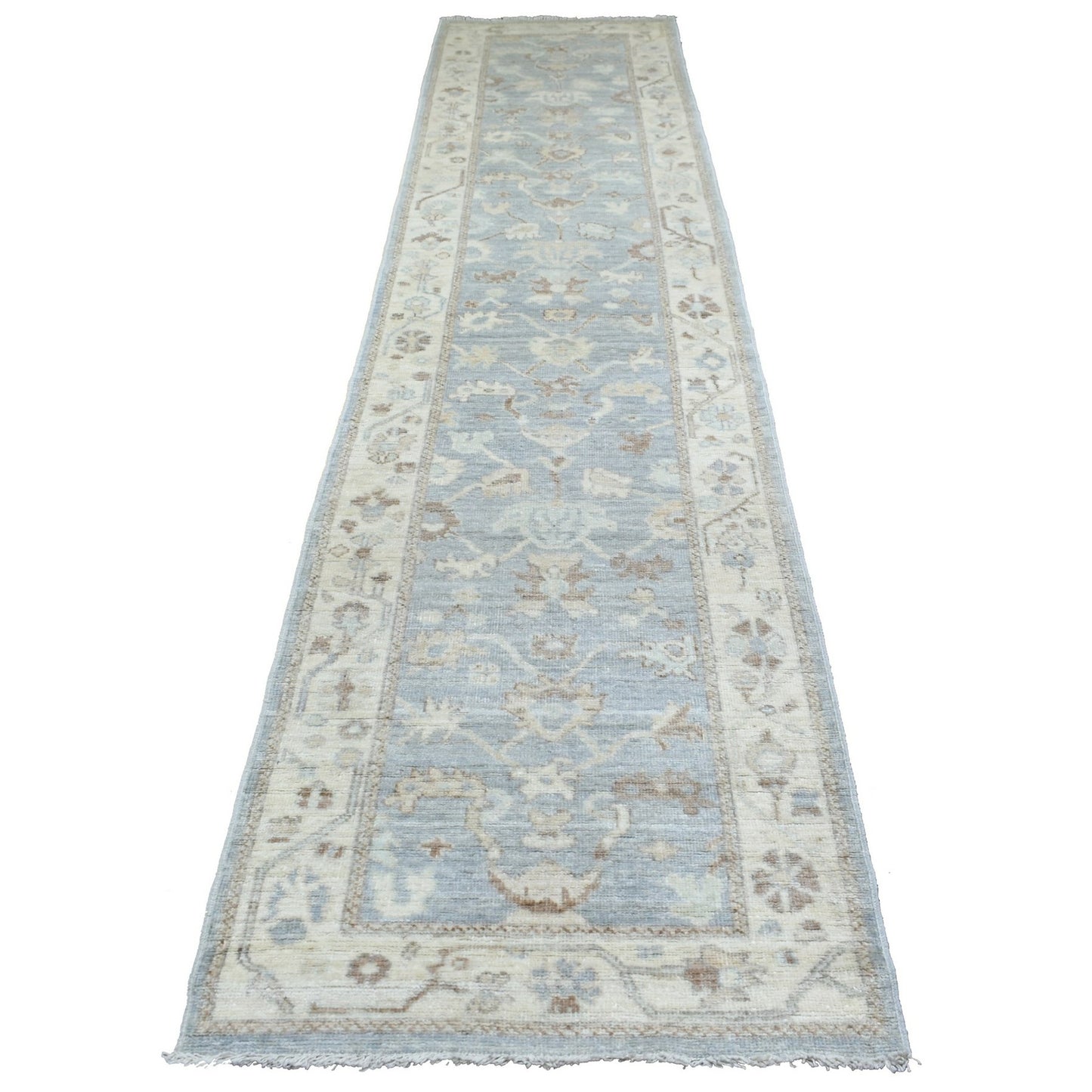 3'X13'7" Gray Afghan Angora Ushak Pure Wool Hand Knotted Runner Rug