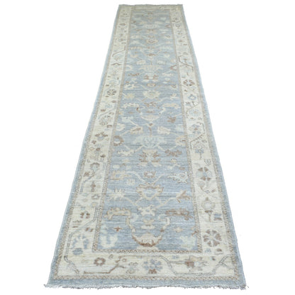 3'X13'7" Gray Afghan Angora Ushak Pure Wool Hand Knotted Runner Rug