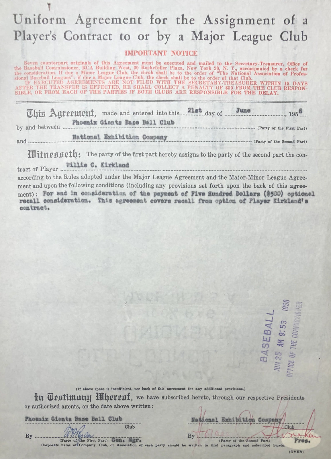 Horace Stoneham Autographed Contract (Jsa)