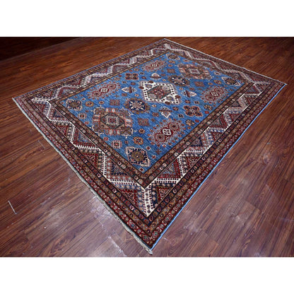 7'10"x10' Busty Blue Hand Knotted Wool Super Kazak Large Medallions Rug