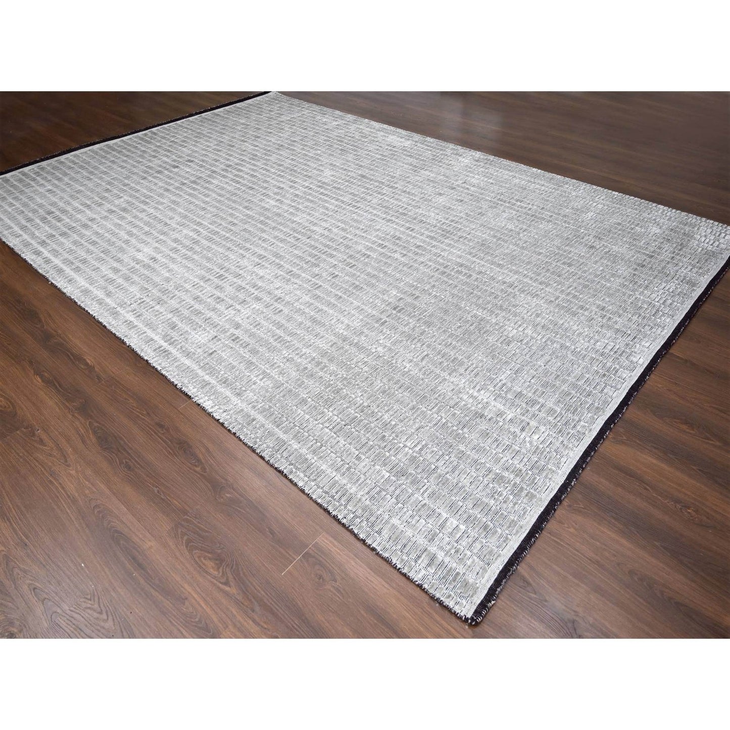 10'X14'4" Gray And Black Hand Loomed Modern Design Wool And Silk Rug