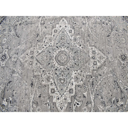 12'X12' Gray Broken Zoroastrian Design Silk/Wool Hand Knotted Round Rug
