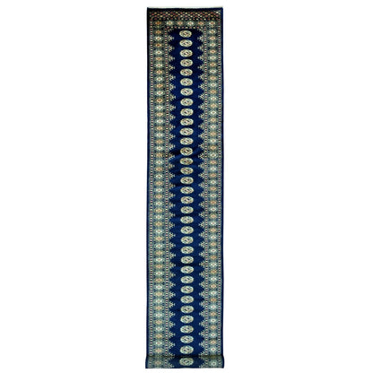 2'6"X16'10" Blue Mori Bokara Geometric Motif Wool Hand Knotted Runner Rug