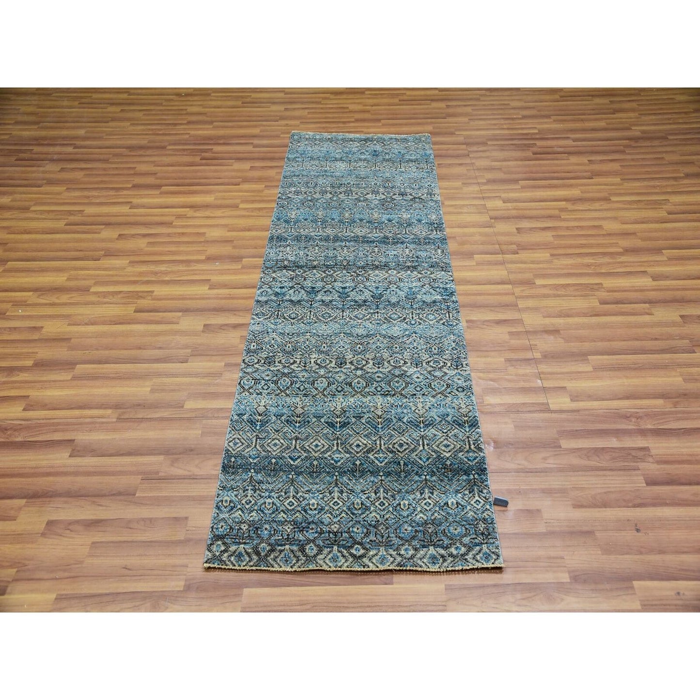 2'6"X8' Blue Diamond Shape Hand Knotted Kohinoor Herrita Wool Runner Rug