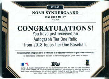 Noah Syndergaard Autographed 2018 Topps Tier One