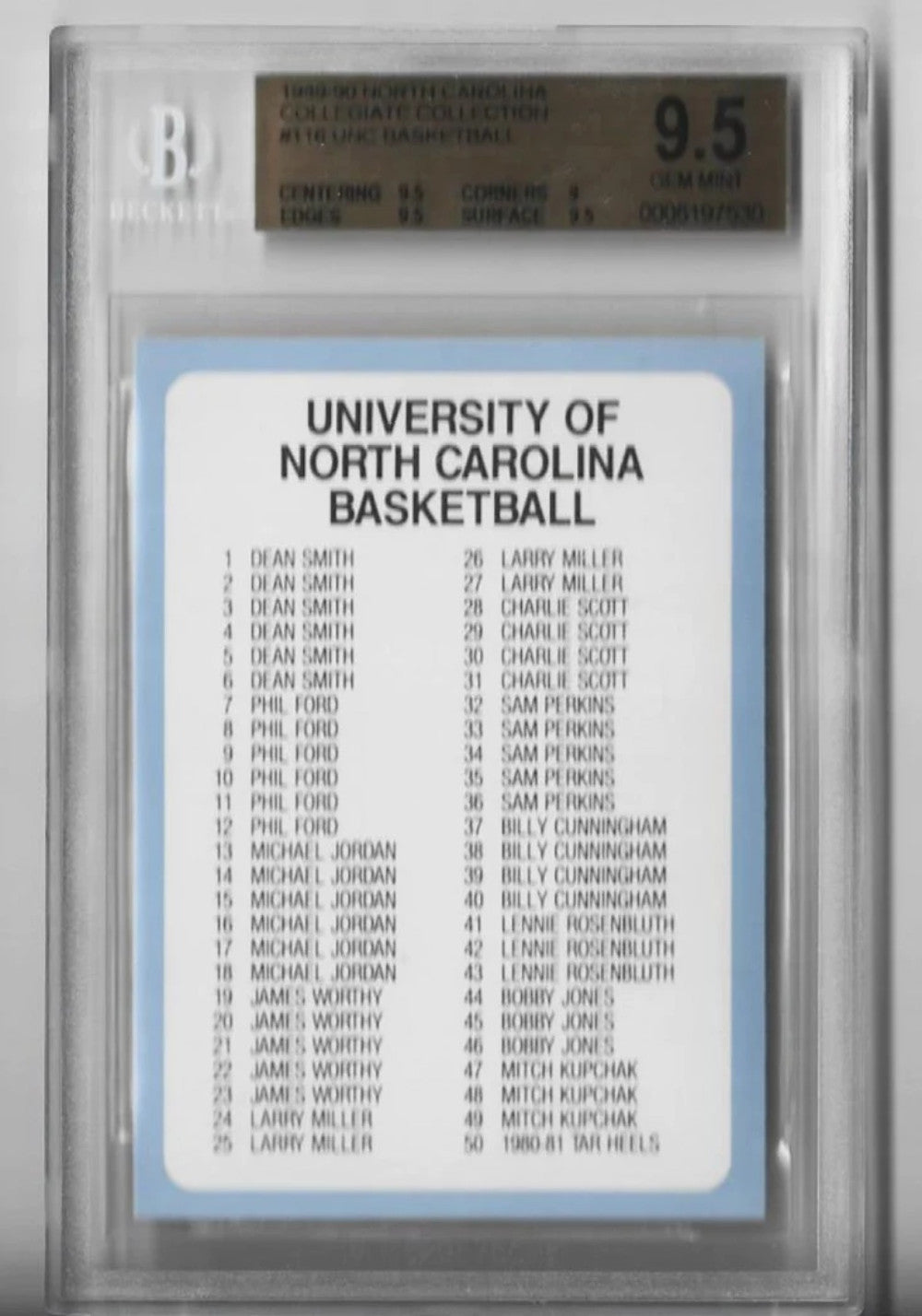 North Carolina 1989-90 Collegiate Collection #116 (Beckett 9 Mint) Card